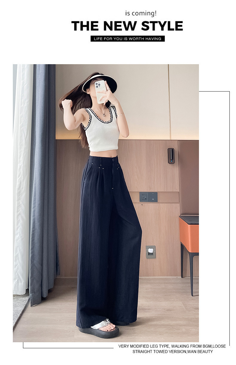 Quần ống rộng vải lụa băng đa năng nữ, phong cách sang trọng mỏng nhẹ mùa hè, quần ống đứng vải lanh Tencel — Màu xanh hải quân (kiểu thông thường) chi tiết 52