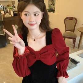 大码女装假两件连衣裙秋冬胖mm显瘦收腰复古法式新年红色裙子