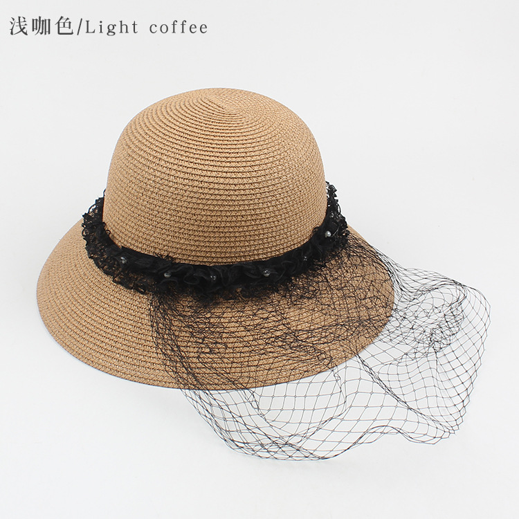 Fashion Pearl Net Yarn Sunshade Straw Fisherman Hat display picture 12