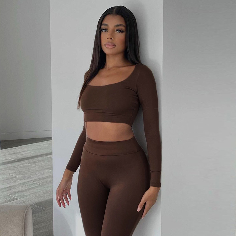 solid color square-neck long-sleeved top high-waist tight pants two-piece set NSCBB121829