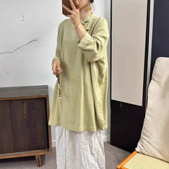 亚麻中式立领斜襟盘扣中长款套头衬衫女 2025秋季文艺复古风衬衣