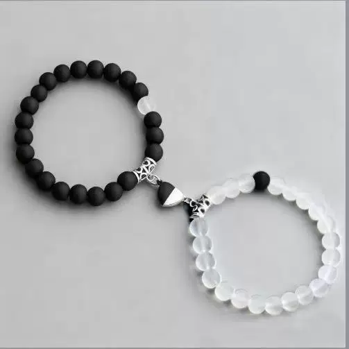 Cross-Border Hot-Selling Magnetic Heart-Shaped Peach Pendant Couple Bracelet Black and White Matte Stone Bracelet Set Wholesale