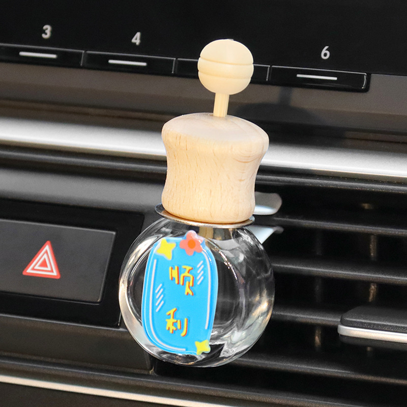 Clip de aromaterapia de coche, texto auspicioso, botella vacía, botella volátil, decoración de salida de aire de coche, fragancia de coche linda de dibujos animados