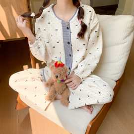 跨境专供女韩版新款睡衣蝴蝶结印花空气棉秋冬加厚夹棉睡衣套装女