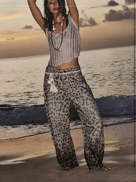 2024 Amazon Europe and America Cross-border 2k High Street Design Leopard Print Jeans Women's Autumn New High Waist Straight Pants