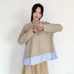 25秋冬韩版微胖MM时尚大码宽松针织毛衣条纹拼布潮牌百搭上衣女装