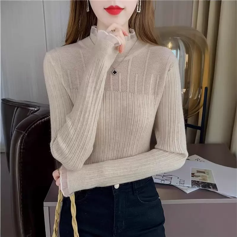 秋冬新款半高领蕾丝打底衫时尚洋气高级感修身针织毛衣女长袖上衣