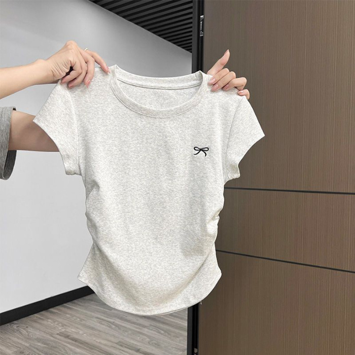 KR105、白いしわが腰のプリントtシャツの女性の純粋な欲望の丸首の正肩の半袖の夏の小さい飛袖の短いタイプは修理します。|undefined