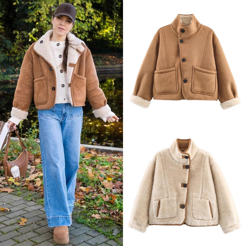 Hm Export Cross-Border Spot Wholesale European and American Style Women's Winter Popular Double-Sided Velvet Warm Jacket