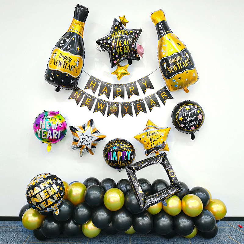 Decoración de fondo de Año Nuevo, globos de aluminio, marco de fotos con botella de FELIZ AÑO NUEVO, decoración de fiesta, arreglo de globos