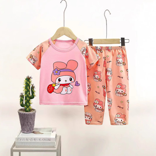 Children's home clothing 2025 summer new Korean version cartoon cute boys and girls short-sleeved trousers home suit wholesale