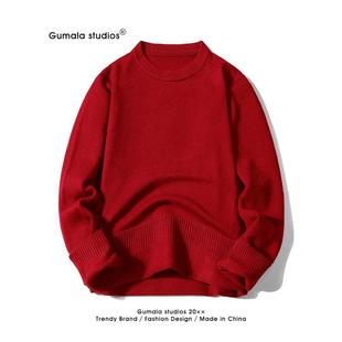Benmingnian Red Crewneck Sweater Men's Autumn and Winter fleece-lined Thickened Knitted Sweater Loose Casual Sweater Jacket