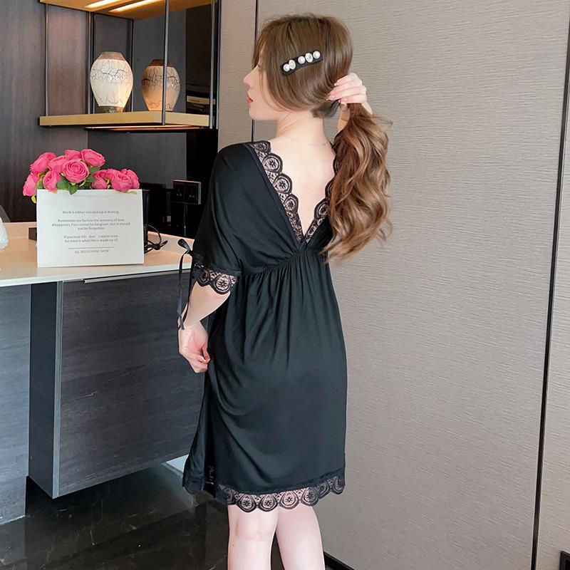 2023 verano pijamas chica manga corta de encaje sexy camisón Delgado profundo V modal dulce homewear