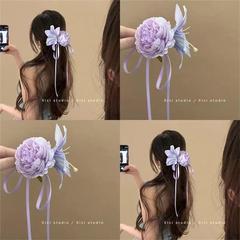 夏の優しい紫色の牡丹の花のリボンリボンヘアピンフォレストスタイル甘い模擬花サイドクリップ雰囲気帽子