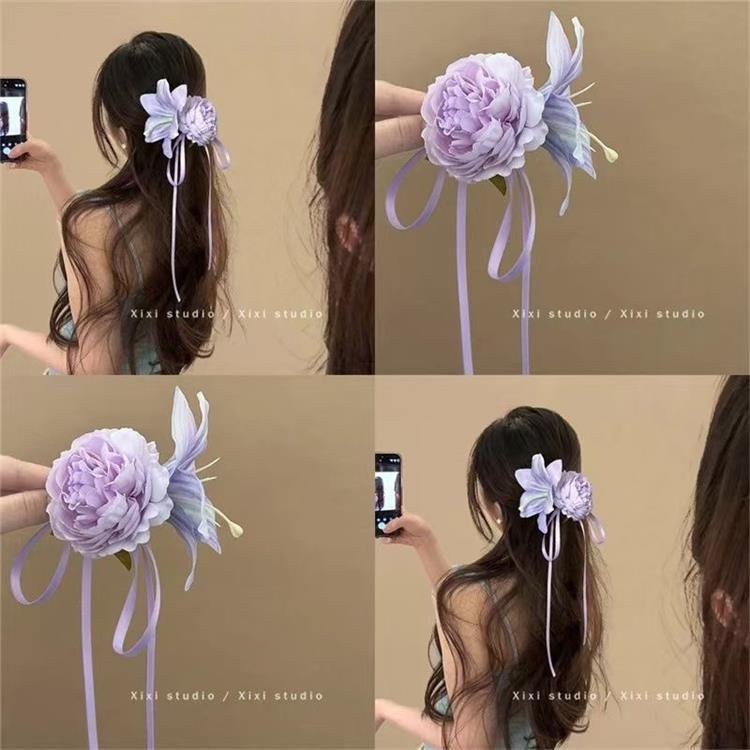 夏の優しい紫色の牡丹の花のリボンリボンヘアピンフォレストスタイル甘い模擬花サイドクリップ雰囲気帽子|undefined