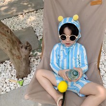 韩国夏儿童海边度假长袖防晒泳衣男女童条纹连体泳衣宝宝洋气泳装
