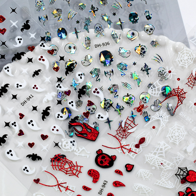 Halloween Nail Stickers Christmas Decoration Micro-Carved Nail Adhesive Stickers Dark Spider Ghost Skull Nail Stickers