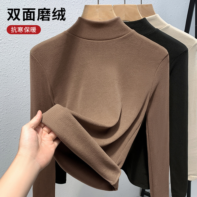 Camisa de fondo cepillada de doble cara para mujer 2023 nueva camiseta de manga larga con cuello alto elegante para mujer cálida Cintura interior ajustada