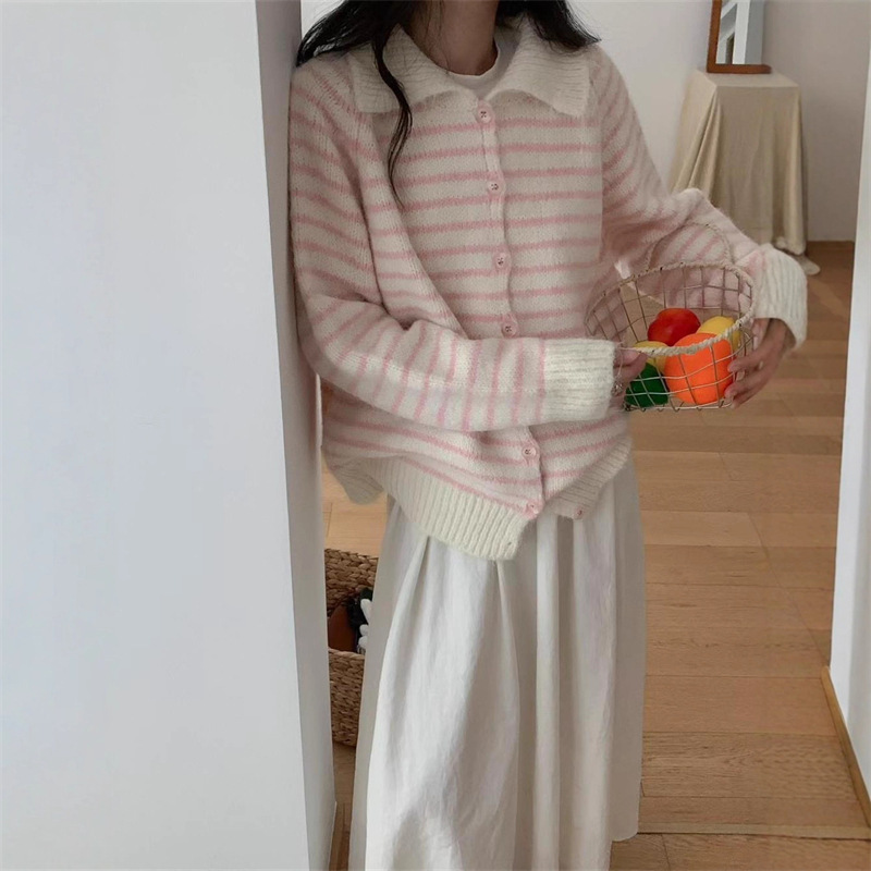 韩系复古多巴胺条纹毛衣开衫女秋冬新款宽松翻领拼色慵懒针织外套|undefined