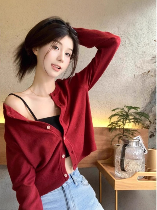 丸首メリヤスセーター女性2025春装新型ゆるいカーディガン高級感長袖春秋上着|undefined