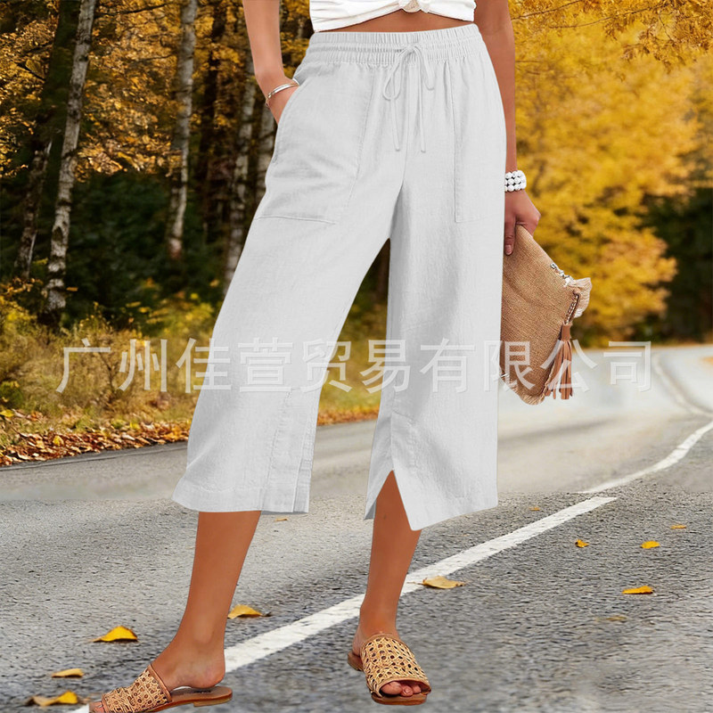 Women's Summer Cotton and Linen Solid Color Loose Straight-Leg Pants with Pockets and Side Slits, Women's Long Pants Women's Summer Cotton and Linen Solid Color Loose Straight-Leg Pants with Pockets and Side Slits, Women's Long Pants