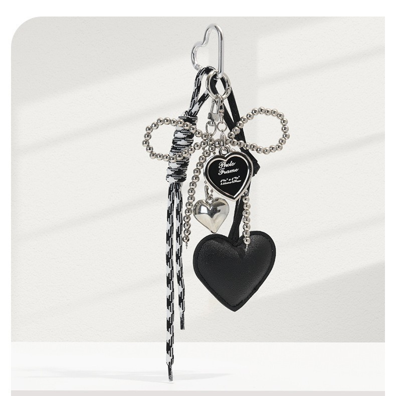Dark Silver Beads Bow Miu Miu Air Bag Pendant Leather Heart Keychain Hanging for Women