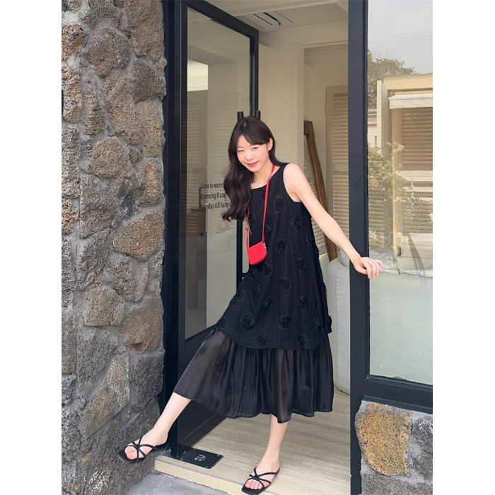 大码胖mm夏季法式复古温柔风假两件百褶无袖背心连衣裙女气质长裙|undefined