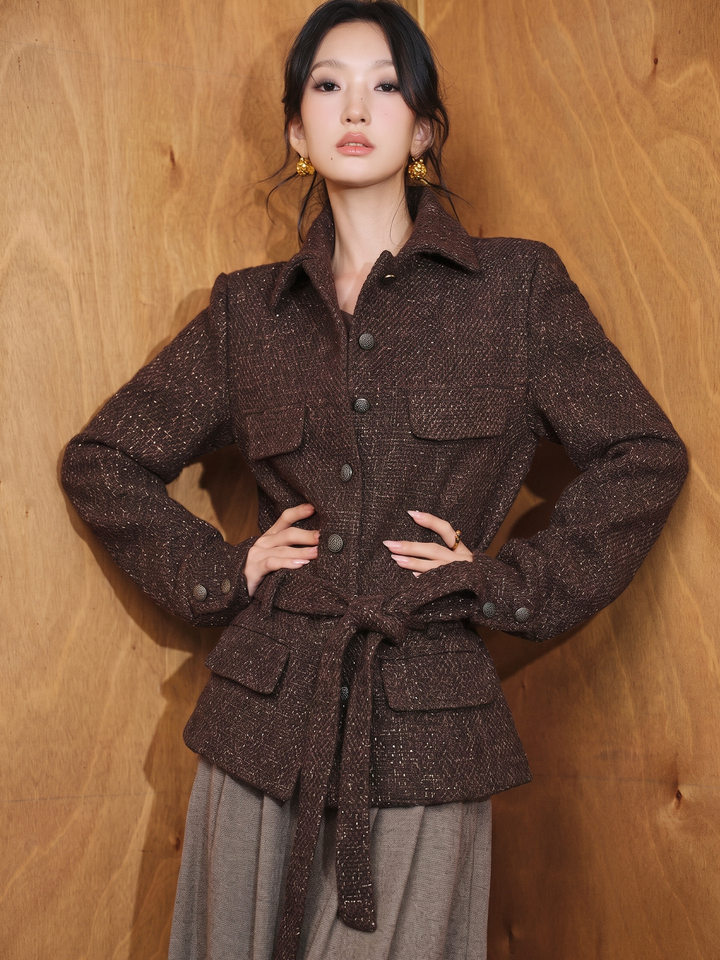 Áo khoác nữ dáng ngắn dạ tweed len có thắt lưng kiểu sơ mi chiết eo — Màu đỏ rượu Port