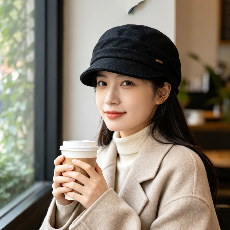 Korean-style pleated retro equestrian cap, round-top commuter baseball cap, high-end and versatile newsboy cap, makes the face look smaller, for women