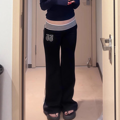 美式简约宽边条纹低腰休闲裤女春夏季新款基础百搭数字运动裤卫裤