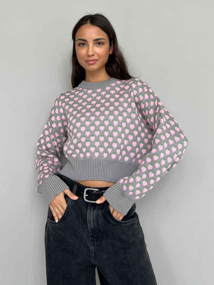 Suéter de cuello redondo transfronterizo 2025, nuevo suéter jacquard de fresa de otoño y invierno, suéter de manga larga corta de estilo europeo y americano para mujeres