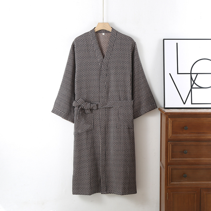Yarn-Dyed Cotton Double-Layer Gauze Nightgown for Men, Thin Japanese-Style Kimono Robe for All Seasons, Sweat Steaming Suit, Absorbent Lace-Up Bathrobe Yarn-Dyed Cotton Double-Layer Gauze Nightgown for Men, Thin Japanese-Style Kimono Robe for All Seasons, Sweat Steaming Suit, Absorbent Lace-Up Bathrobe