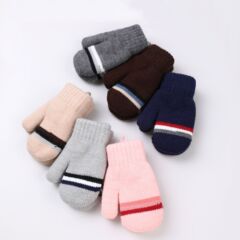 儿童玩雪手套冬季加绒加厚保暖连指防丢绳新款三横纹Snow Mittens