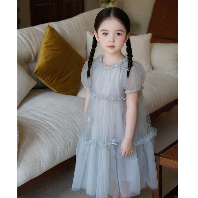 Girls' Elegant Gray Gauze Dress Princess Dress Summer New Short-Sleeved Bow Skirt 2025