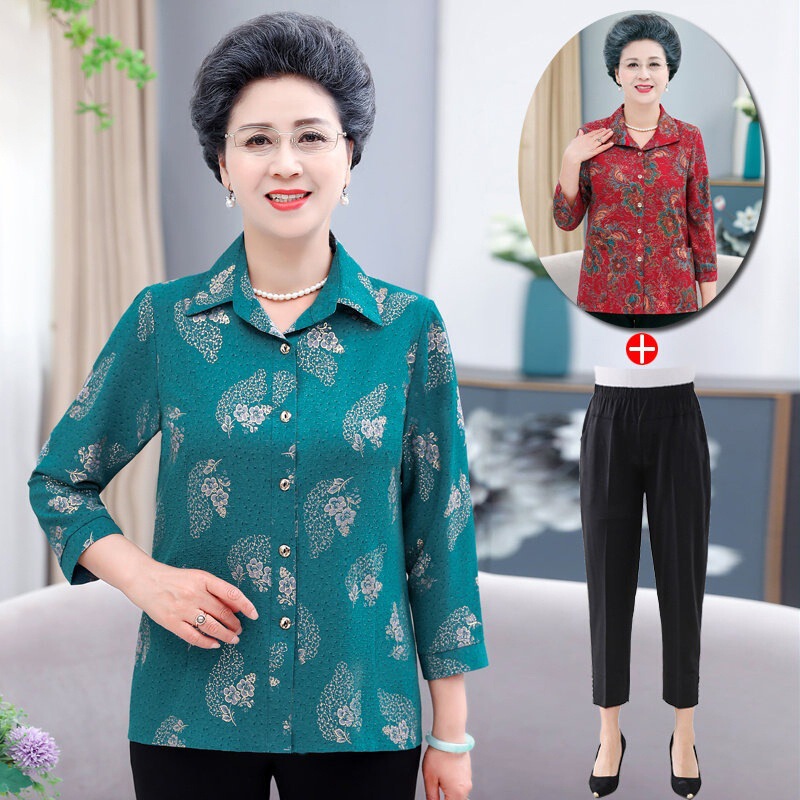 Summer Shirts for Middle-Aged and Elderly Women, Mom-Style Shirts, Three-Quarter Sleeve Shirts, Spring and Autumn Grandma's Base Shirts, Loose Plus-Size Tops