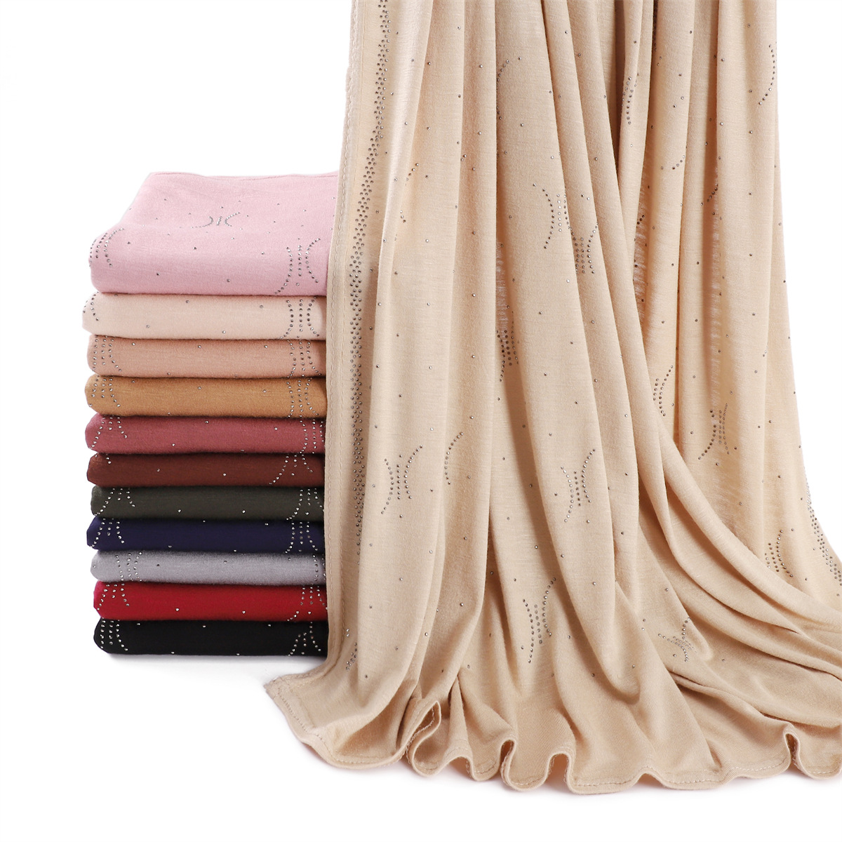 跨境新款弹性透气纯色丝光棉川字纹满天星烫钻长巾女汗布包头围巾