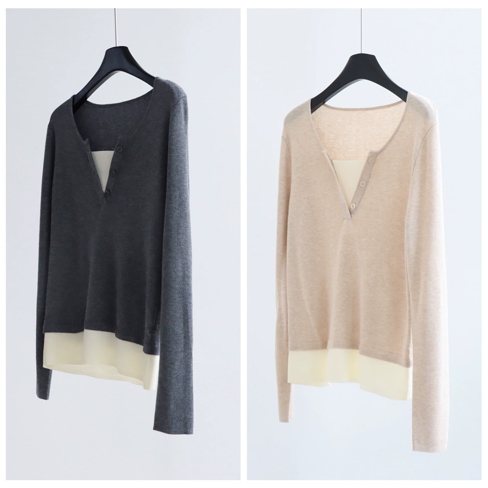 Искусственный двухсекционный шерстяной трикотаж ранней осени с цветными блоками, пуловер с длинными рукавами, женский трикотаж, топ, простая рабочая одежда