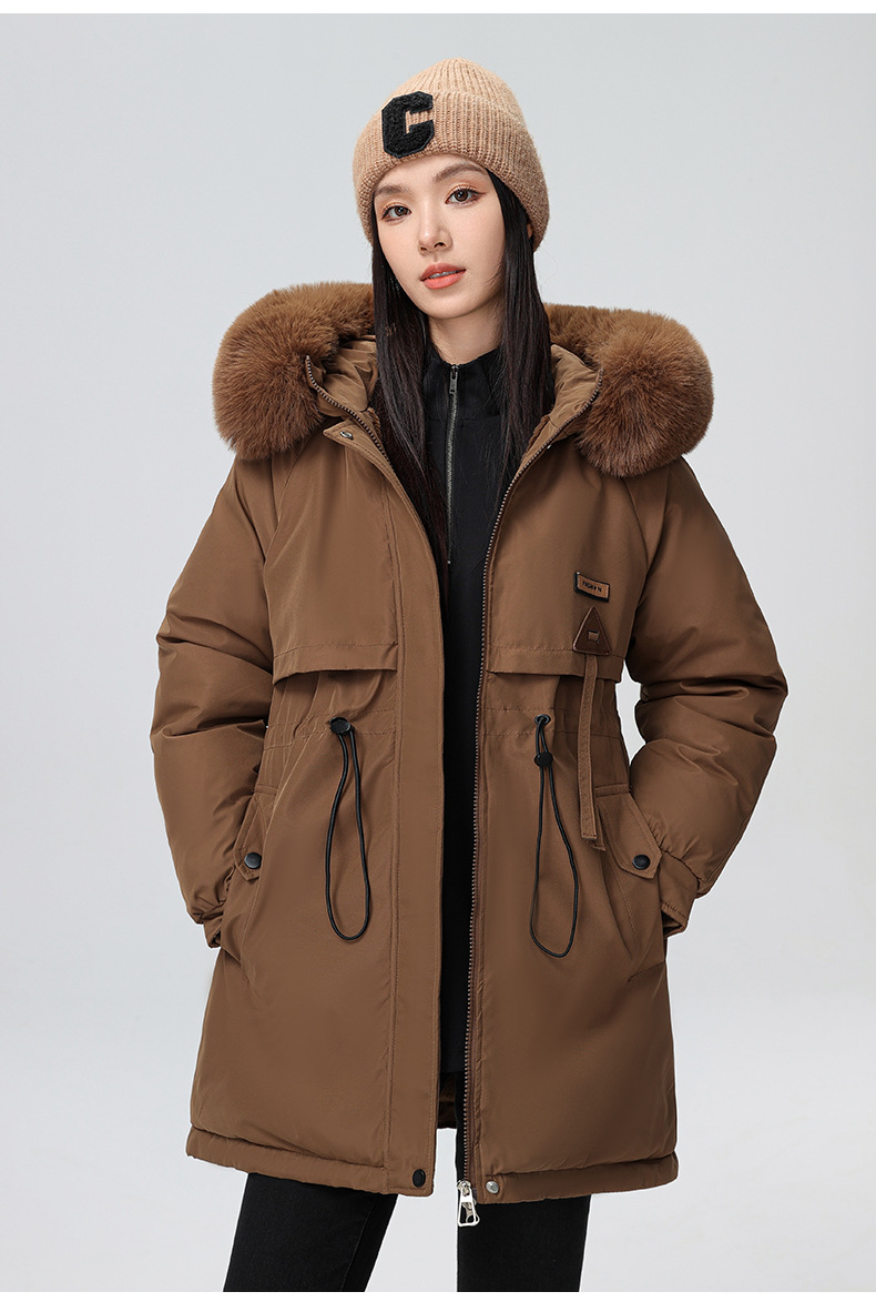 2024 foreign trade overcomes women's winter new Korean version waist cinching slimming hooded big fur collar cotton_voghion.com
