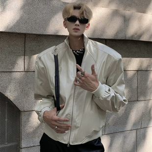 Foreign Trade Niche Collar Design Leather Jacket Men's Retro Design Advanced Sense Shoulder Pad Motorcycle Short Jacket Top