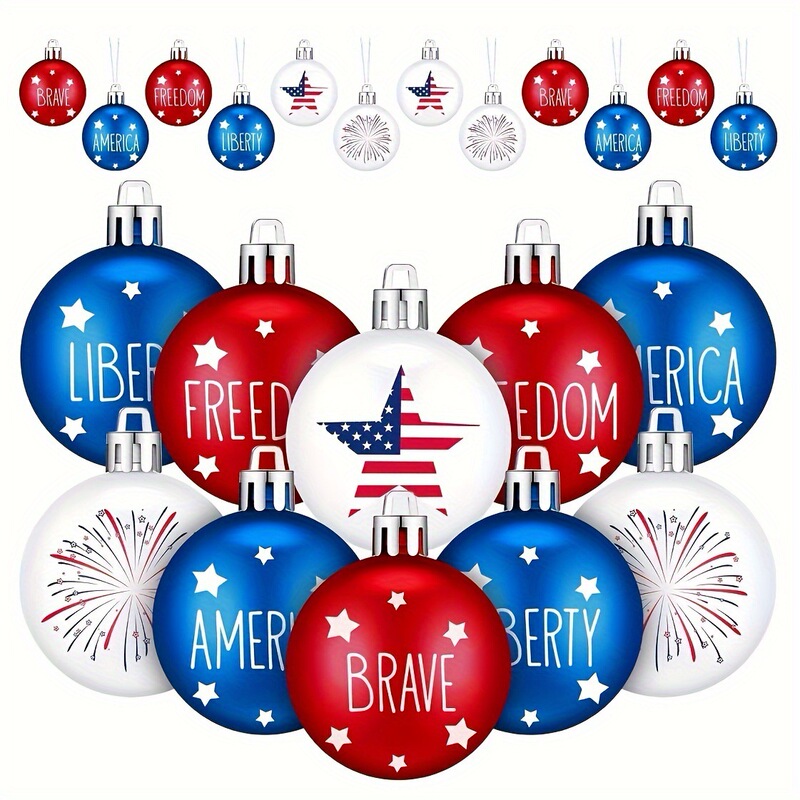 Cross-Border New Model 6cm 12-Pack American Independence Day Plastic Electroplated Decorative Balls Holiday Atmosphere Hanging Christmas Decorations