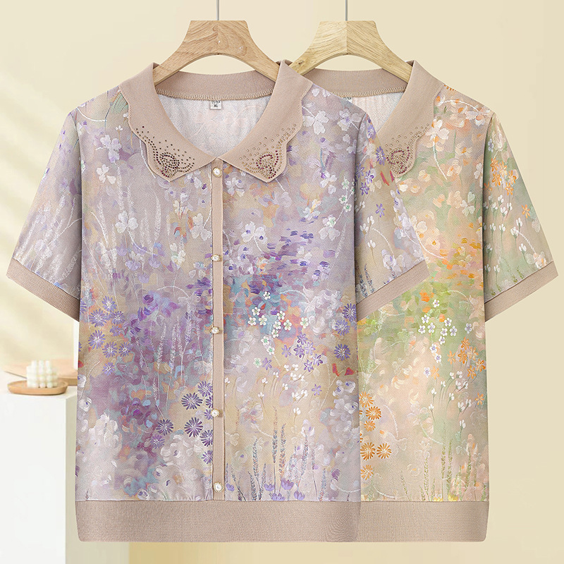 Summer New Stylish Mom's Summer Short-Sleeve Ice Silk T-Shirt, Thin Loose Fashion Top for Middle-Aged and Elderly Women