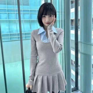 欧美学院风假两件百褶连衣裙跨境甜美少女风修身显瘦长袖短裙女