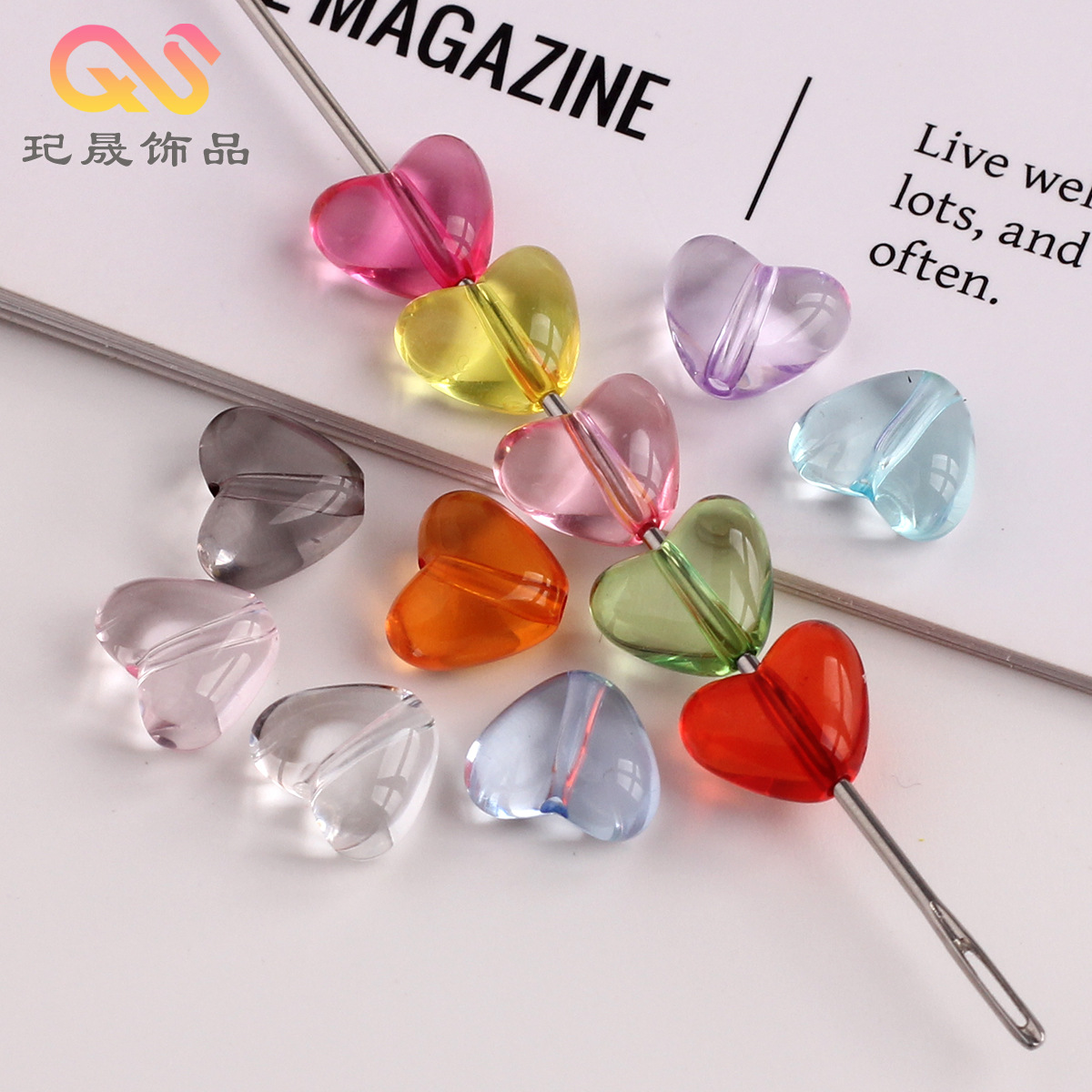 Imitation glass color perforated small heart beads DIY acrylic transparent small love mobile phone chain ring bracelet accessories
