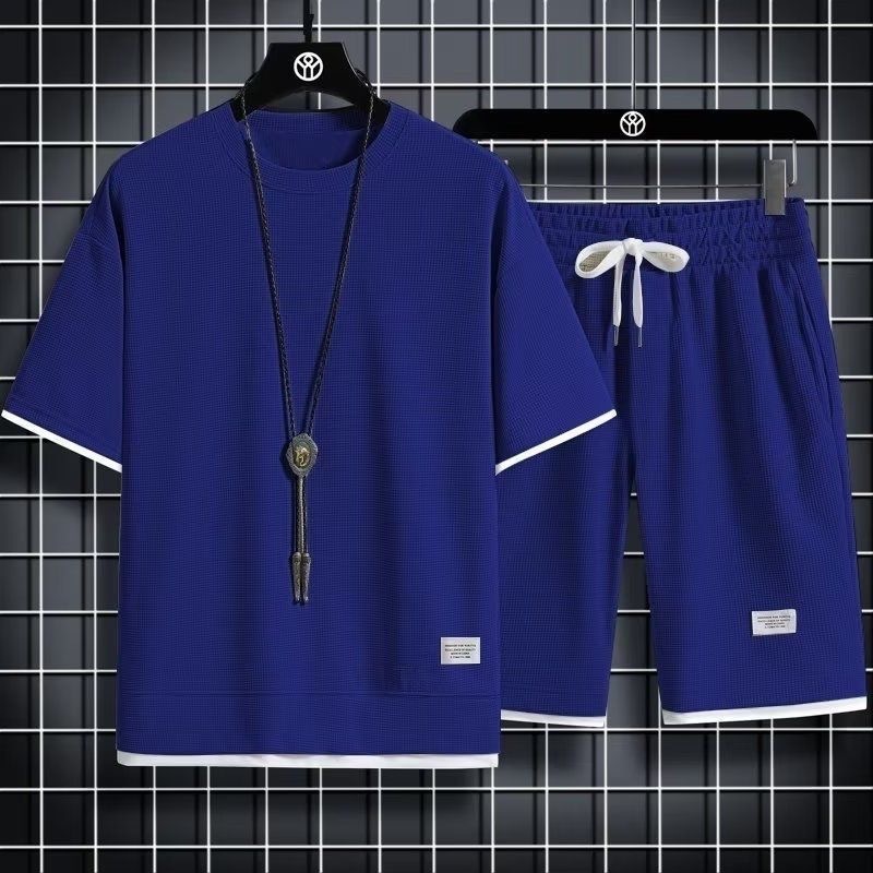 Waffles Casual suit Men's Summer Ice Silk Short-sleeved T-shirt Men's Wear Set with Handsome plus size Sports suit