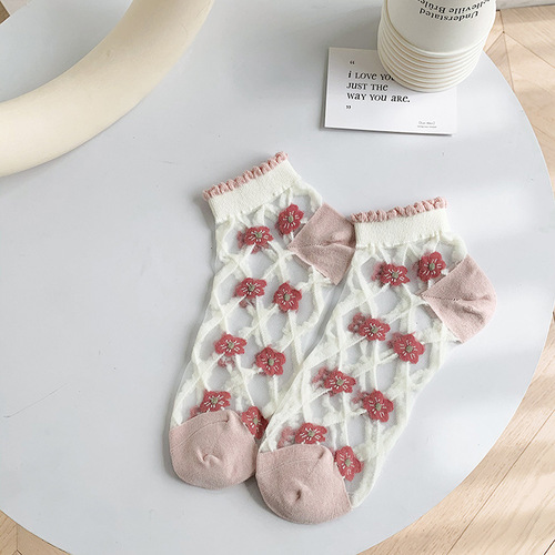 Crystal Socks for Women Glass Silk Summer Tulip Thin Pink Socks Cute Lace Wholesale Socks for Women Cards