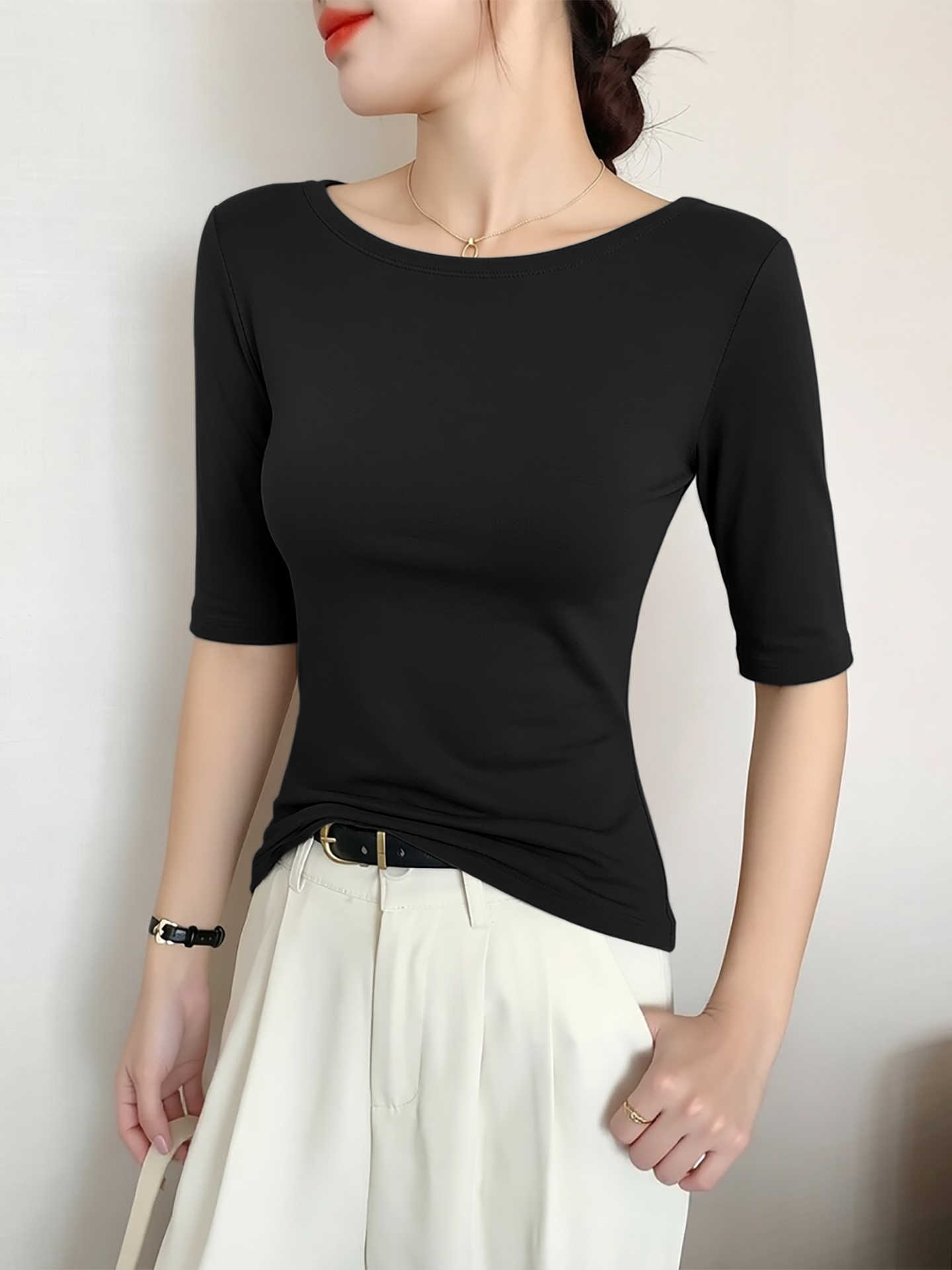 Black One-Shoulder Mid-Sleeve T-Shirt for Women, Summer 2026 New Style, Slim-Fit Five-Quarter Sleeve Base Shirt, Versatile Half-Sleeve Top