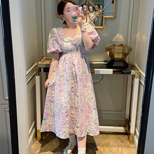 現貨愛了愛了顯膚白韓版夏泡泡袖紫色韓西西里之約大碼顯瘦連衣裙