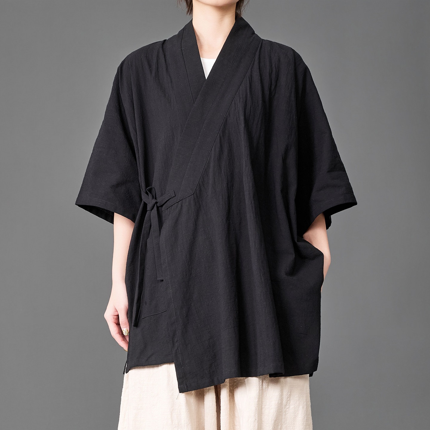 2026 Summer New Chinese Style Unisex Cross-Collar Hanfu Ming Dynasty Style Cotton Linen Chinese Style Solid Color Mid-Sleeve Shirt