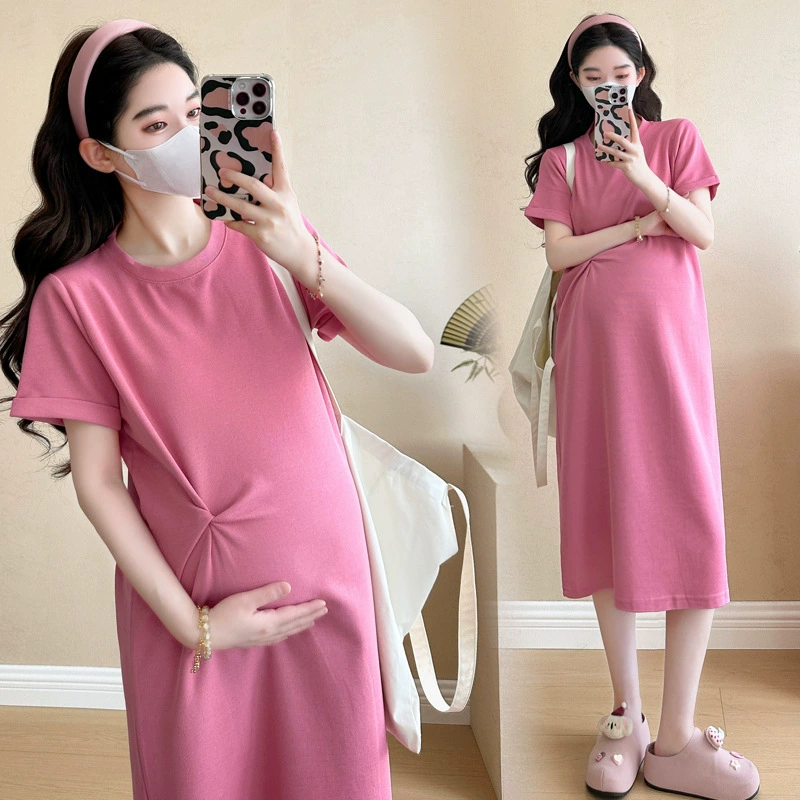2025 лето минималистский классический округлый вырез с узким узлом для беременных с короткими рукавами трикотажное платье большого размера