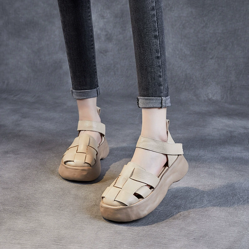 Summer leather sandals platform, woven slide, genuine slippers, beach footwear, cowhide